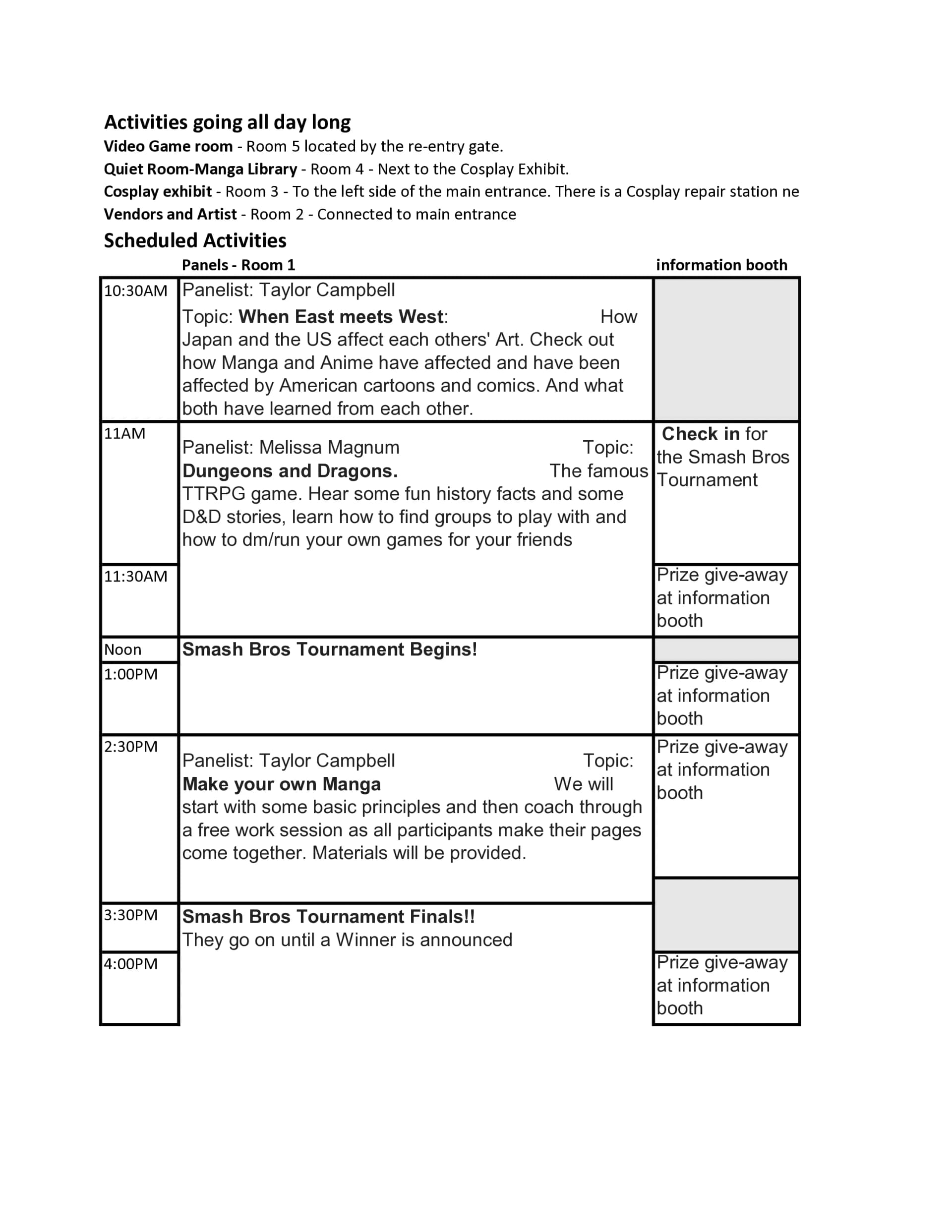 Event schedule, page 1